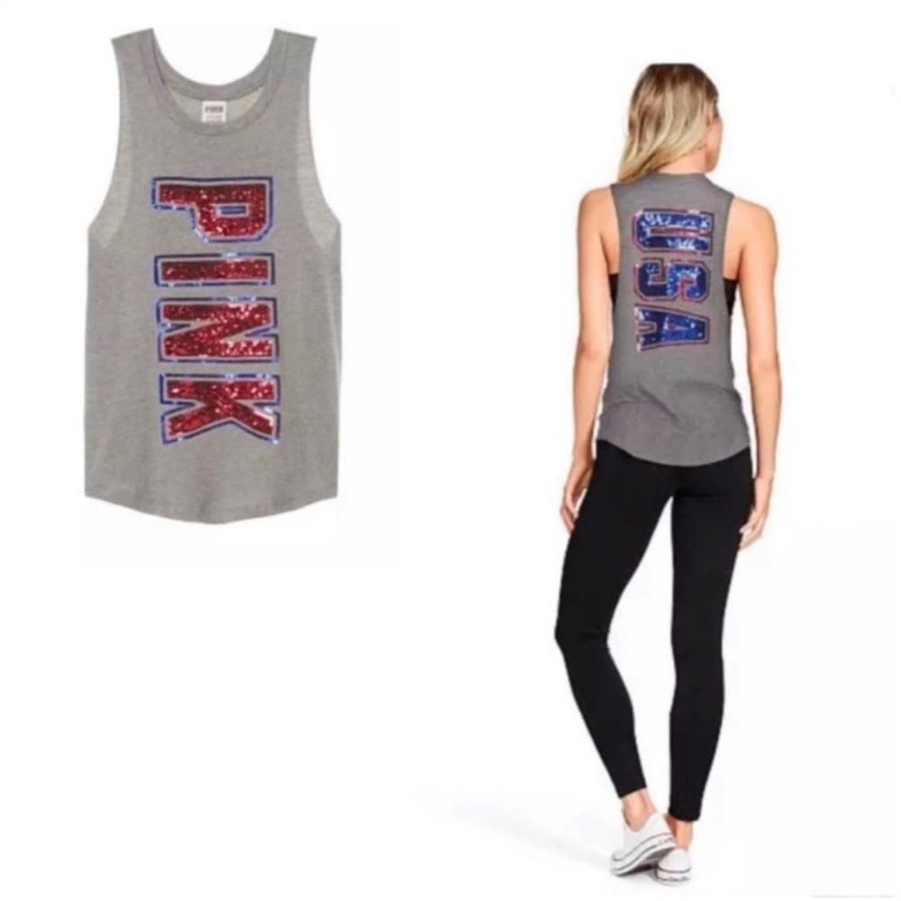 Victorias Secret PINK NWT Gray Sleeveless “USA” Sequin Muscle Tank XS - Picture 9 of 10